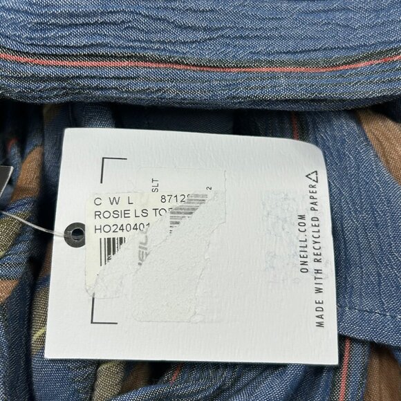 O’NEILL Rosie Top Sz L Navy Blue Striped Front Tie Balloon Sleeve Ruffle Viscose - Picture 9 of 10